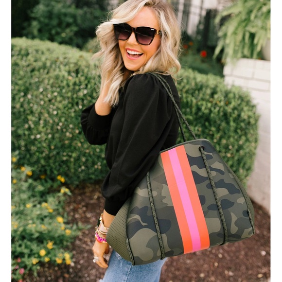 Social Threads Hello Happiness Camo Striped Neoprene Tote and Crossbody Bag - Picture 15 of 15